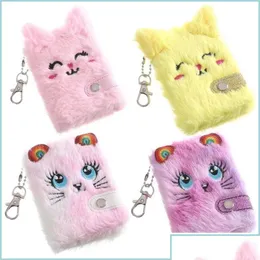 Party Favor Cute Cat Plush Notebook For Girls Kawaii Pendant Keychain Furry Cats Daily Planner Journal Book Note Pad Drop Delivery H Dhgjb