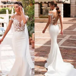 Party Dresses Smileven Mermaid Wedding Dress 2020 Satin Cap Sleeve Vestido de Noiva Lace Bohemian Bride Dresses With Romantic Buttons T230502