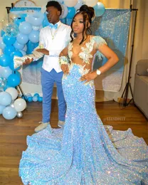 Sparkly Sky Blue Mermaid Prom Dress for Black Girls Mesh Glitter Sequins Beads Rhinestone Feathers Födelsedagsfestklänning 322