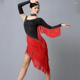 Scena noszona profesjonalna latynoska sukienka taneczna z grzywną kobietą konkurs balowy odzież seksowna nieregularna krasno -krążek DL4710