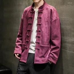 Etniska kläder Autumn Winter Suede Chinese Style Jacket Tang Suit Retro Lång ärm Mandarin Collar Cardigan Men Plus Size T Shirts