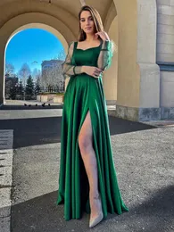 Sukienki swobodne Idress Women Green Satin Satin Formal Wedding Guest Evening Party Maxi Długie rękawie podzielone koktajle vestidos