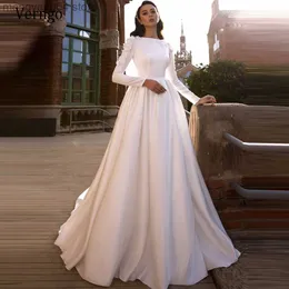 Party Dresses Verngo New Simple Satin Wedding Dress 2022 Long Sleeves A Line Bride Gowns 3D Flowers Vintage Arabric Formal Wedding Gowns T230502