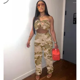 Women's Two Piece Pants Women's Set Lace Up Strapless Crop Top And Safari Pocket 2023 Summer Street Camouflage 2 Outfit Tracksuit