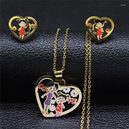 Necklace Earrings Set Family Mom Daughter Kid Jewelry Enamel Stainless Steel Gold Color Love Heart Necklaces Sets S9500S01