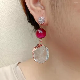 スタッドイヤリングYygem Fuc​​hsia Tiger Eye Clear Quartz Rough Raw Coin Shape Dangle CZ Pave Rose Goldメッキラップ