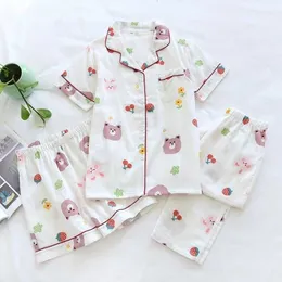 نساء ملابس النوم المرأة بيجاماس شاش النقي غزل القطن الصيف لطيف الكرتون طباعة pijama mujer loungewear نساء 3 قطعة نوم ملابس p230408