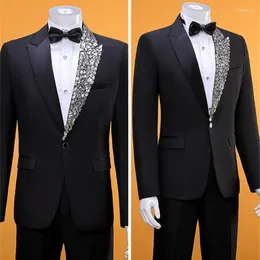Men's Suits Male Fashion Rhinestones Formal Men's Wedding Prom Evening Party Crystals Blazer Pants 2-Pieces Set Host Performance Wear