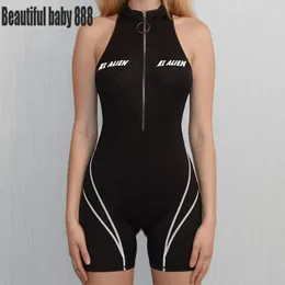 Kvinnors jumpsuits rompers meqeiss kvinnor jumpsuit fitness mode brev tryck mager bodysuit sportkläder turtleneck ärmlös avslappnad randig rompers 230503