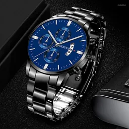 손목 시계 브랜드 제네바 쿼츠 남자 시계 대형 다이얼 달력 시계 스테인레스 스틸 스트랩 고급 비즈니스 남학생 금