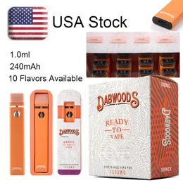 Dabwoods 10 cepas de canetas vape descartáveis ​​dos EUA vazias Estoque de alta qualidade e cigarros recarregáveis ​​1,0 ml vagens de 280mAh Battery Pré -aquecimento Kits de embalagem Caixa de embalagem