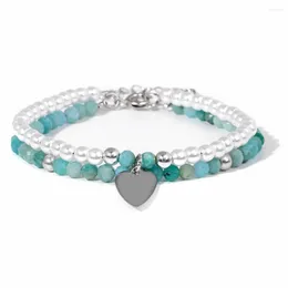 Strand Blue Amazonite 4mm Stone Fated Breads Bracelets for Women Heart Charm Pérola Bracelete Conjunto de quartzo natural Jóias femininas