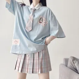 Suits Preppy Japan Jk Uniform Skirt Suit Soft Girl Cute Rabbit Print Shortsleeved Tshirt Grid Pleated Skirt 2022 Suit/single Piece