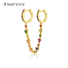 Dingle ljuskrona Andywen 925 Sterling Silver Rainbow CZ Zircon Solid Safe Chain Double Colorful Safety Earring Hoops For Rock Punk Jewels 230428