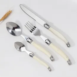 Dinnerware Sets 4/6/24pcs Laguiole Silverware Steak Knives Forks Spoons Teaspoon Set Stainless Steel Ivory white Plastic Handle Kitchen Cutlery 230503