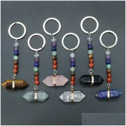 Nyckelringar Healing Reiki 7 Chakra snidade Hexagon Prism Natural Stone Pendant Keychain Crystal Chakras Quartz Chains smycken Accessori Dhbfe