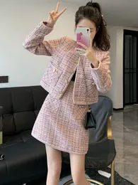 Giyim İki Parça Elbise Küçük Koku Vintage Tweed İki Parçalı Set Kadın Üst Yün Kısa Ceket Ceket Mini Etekler Setler Pembe İki Parça