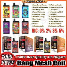Original Bang Mesh Coil 7000 Puffs Disposable Vape Puff 0% 2% 3% 5% Pod Puff 7000 E cigarette devices rechargeable Battery 850mAh 15ml Prefilled Cartridge Box Kit Avaible