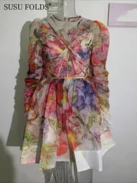 Casual Dresses SUSU Colorful Printing Dress Long Sleeve V Neck Fishbone Waist Elegant Vintage Women Clothes Summer 2023 SU B027 230503