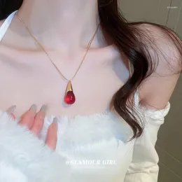Choker Korean Chic Gold Color Chain Necklace Fashion Trendy Red Resin Water Drop Pendant Clavicle Jewelry Accessary