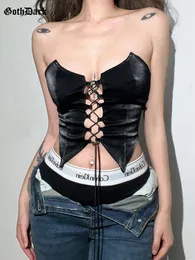 Майки Goth Dark Pu Bandage Y2k Черные женские топы без рукавов Mall Готический гранж с открытыми плечами Сексуальный укороченный топ Bodycon Лоскутная летняя одежда