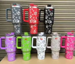 Tumbler de pata de garra de cão de gato de 40 onças com maçaneta de palha de palha de aço inoxidável grande capacidade de cerveja caneca de impressão a laser de água a vácuo de vácuo Copo de acampamento externo 0512