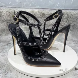 Sukienka buty 2023NEW 10 cm seksowne wysokie czarne tylne puste obcasy patentowe skórzane metalowe sandały modowe rzymskie