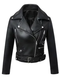 Jaquetas FTLZZ Novas Mulheres Outono Inverno Preto Jaquetas De Couro Falso Zíper Casaco Básico Turndown Collar Motor Biker Jacket Com Cinto