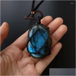 Pendant Necklaces Boeycjr Natural Labradorite Necklace Long Chain Handmade Jewelry Ethnic Vintage Stone For Men Or Women Dro Dhgarden Dhtc6