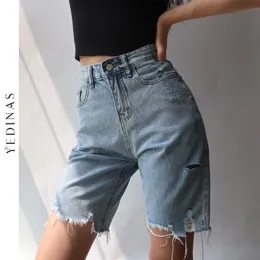 شورتات النساء Yedinas High High Heal Hole Tassels Slim Cyclist Denim Bermuda Shorts Jeans Summer Straight Disual Fashion Women Shorts 230503