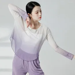 Damen Blusen Frauen Yoga Top O-Ausschnitt Langarm Tanzen Farbverlauf Bogensaum Durchsichtig Mesh Garn Crop Dance Tops Leicht