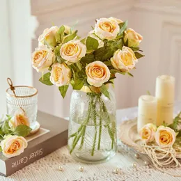 Decorative Flowers Double Artificial Silk Rose Luxury Wedding Gift Table Bouquet Arrange Fake Plant Valentine Day Presents DIY Home Decor