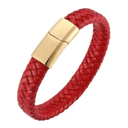 Charme pulseiras moda jóias vermelho trançado pulseira de couro aço inoxidável jóias pulseiras masculino presente bb0228