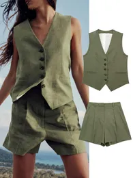 Kvinnors träningsdräkter Casual ärmlös Waistcoat Tvåverk Set Women Loose Vneck Single Breasted Vest Shorts Set Womens Summer Green Lady Set 230503