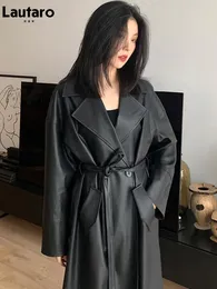 Jackets Lautaro Spring Autumn Long Oversized Black Leather Trench Coat for Women Sashes Single Button Loose Stylish Korean Fashion 2021