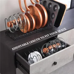 Organisation Kitchen Organizer Rostfritt stålpottlock Hållare utbyggbart pannor med skärbräda torkning av köksredskap förvaringsställ