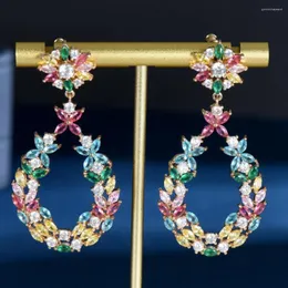 Dangle Earrings Fashion Multicolor Flower Shape Cubic Zirconia Big Crystal Drop Bridal Long For Wedding Brides Accessories E-1104