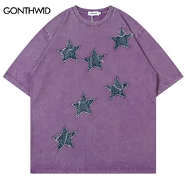 Мужская футболка винтажная футболка уличная одежда хип-хоп вышивая звезда звезда промытая футболка Harajuku Punk Gothic Tee Рубашки мода Shop Top 230428