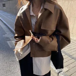 Damenjacken Korea East Gate Cardigan Coat Female 2023 Loose Collar Retro Style Pocket Leather Women Jacket Short