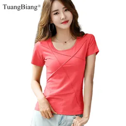 T-shirt a coste tinta unita rosa rossa in cotone maglietta 2022 donna estate slim manica corta maglietta ONeck moda casual femminile kaki top