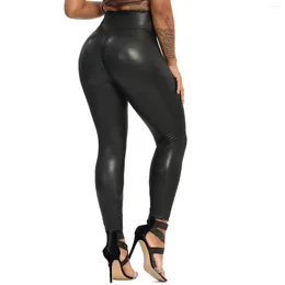 Women's Leggings 2023 Black PU Legging Faux Patent Leather Stretch Elastic High Waist Pants Slim Trousers Scrunch BuFashion L