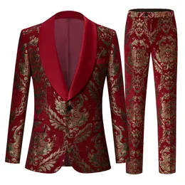 Męskie garnitury Blazers Mens Claret Red Suits Groom Wedding Tuxed Business Business Dressedo Tuxedo Floral Blazer Slim Fit Groomsmen Costume Homme 230503