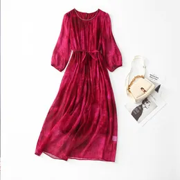 2023 Summer Hot Pink Beaded Silk Dress 1/2 Half Sleeve Round Neck Belted Midi Casual Dresses C3A255040