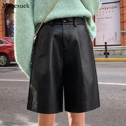 Shorts PU Leather Casual High Street Biker Shorts Nuovi pantaloncini a vita alta Solido Donne tasche Zipper Fly Femme Shorts Women 10997