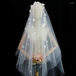 Bridal Veils NZUK 3D Flowers Wedding Veil With Pearls Droped Luxury Veu De Igreja Ccb Accessori Sposa