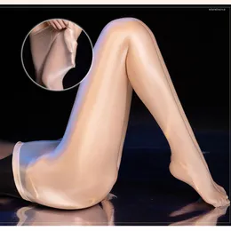 Mulheres meias sexy veja através de óleo brilhante cintura alta m de tampa grande m xl tamanho grande nylon meia-calça cota altíssima meias de ioga de fitness