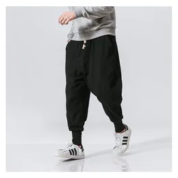 Calças de algodão harem calças masculinas sólida cintura elástica streetwear joggers 2021 novo baggy dropcrotch calças casuais homens dropshipping