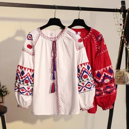 女性用ブラウスコットンとリネン刺繍シャツ女性用長袖トップレトロフリンジコートルーズ韓国のファッションサンプロテクション