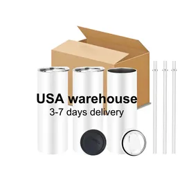 US CA Warehouse Sublimation Blanks Mugs Stainless Steel Straight Tumblers lidとStraw for Heat Transfering DIYギフトコーヒーボトル50pcs/carton