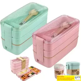 Weizenstroh-Lunchbox für Kinder Tuppers Lebensmittelbehälter Schule Campingbedarf Geschirr Auslaufsichere 3-lagige Bento-Boxen DD